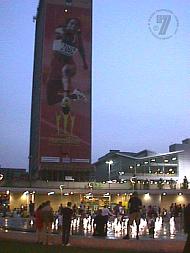 Huge Commonwealth Games poster in Piccadilly Gardens