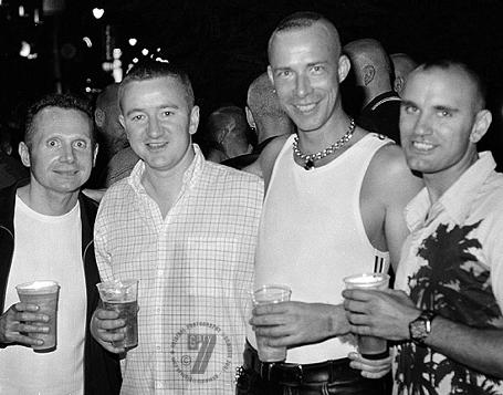 GayFest 2001: guys outside the Rembrandt Hotel